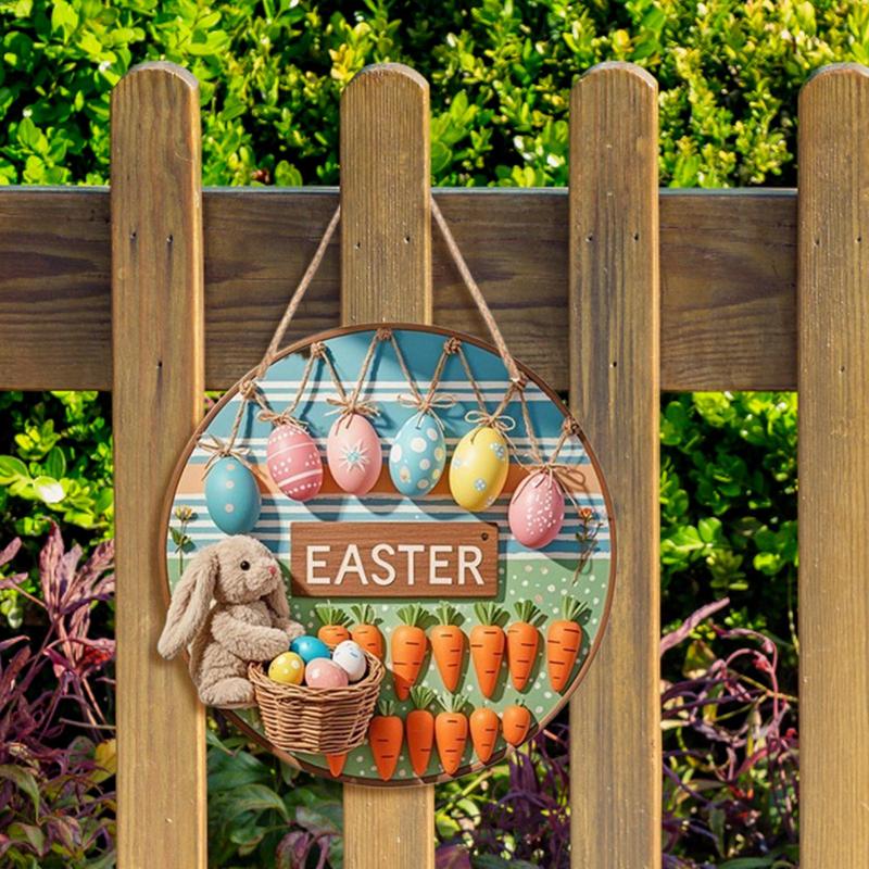Hanging Bunny Easter Decor Sign Cartoon Easter Colorful Eggs Bunny Welcome Sign Spring Easter Party Indoor Outdoor Home Decor