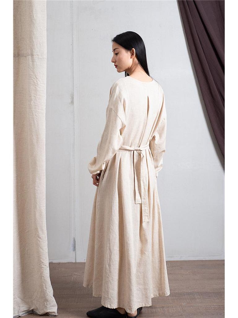 Women's Washed Bamboo Linen Chinese-Style Dress with Waist Seal, Available In 3 Colors