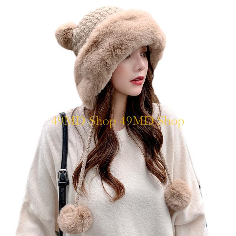 49MD Warm Woolen Hat Bucket Hat for w/ Plush Ball Travel Casual Knit Hat Fall Wi
