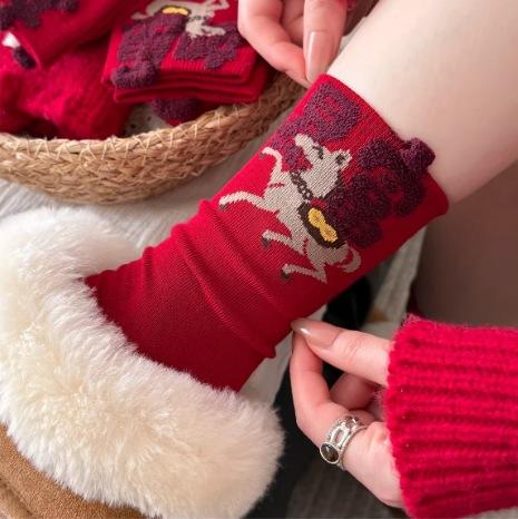 Women Horse‑Year Red Socks,Autumn Winter Thick Warm Stackable Socks,Embroidered Boneless Medium‑Tube Calf Cotton Socks