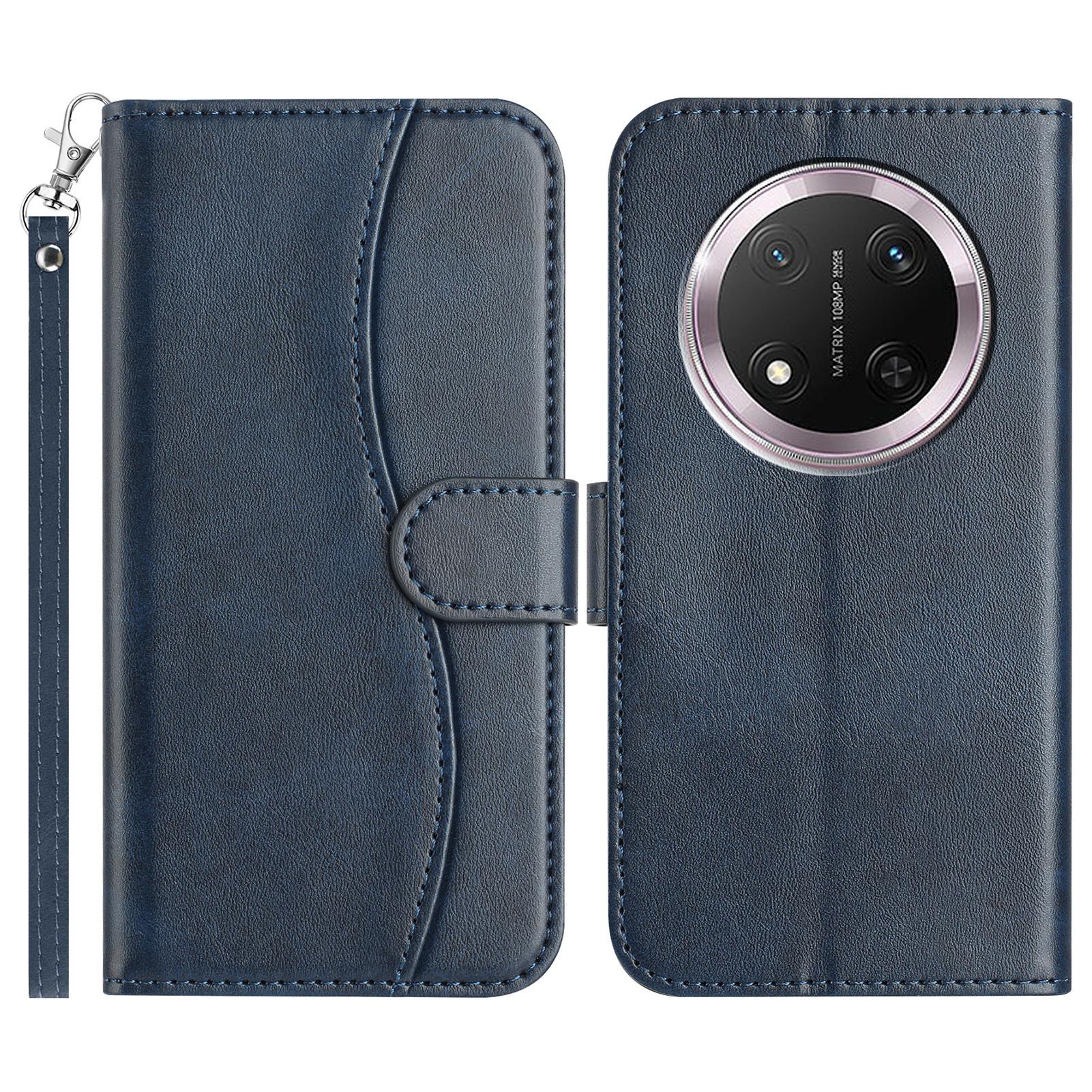 

For Honor X9c 5G Stand Case with Strap PU Leather Wallet Phone Cover S Shape Stitching Design Navy Blue