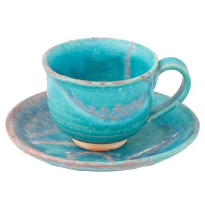 Marui Pottery Shigaraki Ware Hechimon Cup & Saucer, Approx. 210ml Capacity, Dewdrop Blue, MR-3-4397