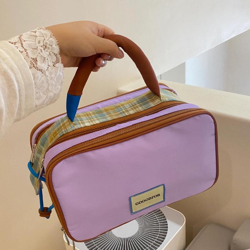 Dopamine Plaid Color Block Makeup Bag: Large Capacity, Portable Handheld Toiletry Organizer. 27*15.5*16 cm фиолетовый