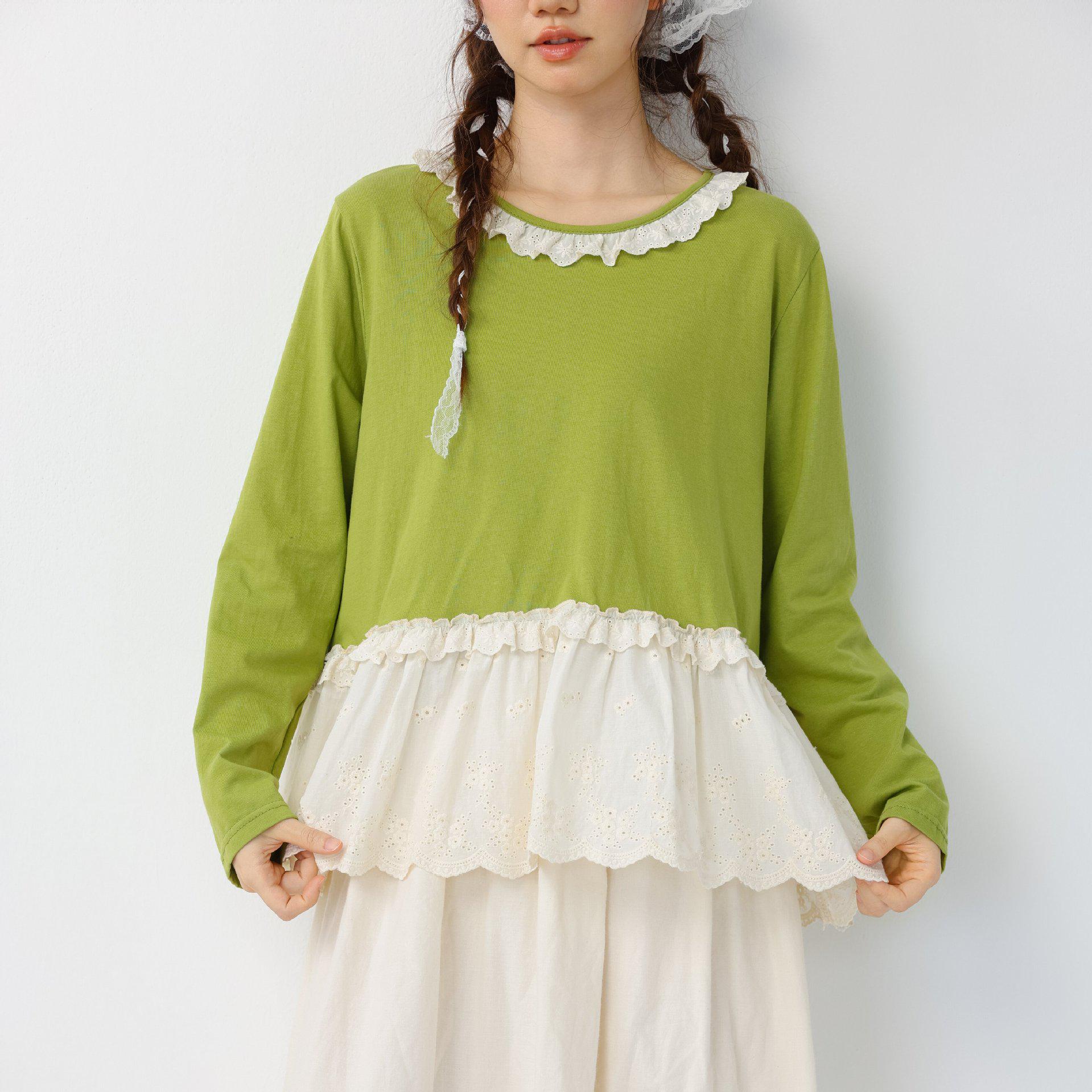 

Весенняя японская кружевная вязаная футболка с воротником: Свободный многослойный топ из чистого хлопка с вышивкой для женщин One Size зелёный