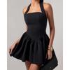 Women's Square Neck Sleeveless Mini Dress Slim Fit Mid Rise Elegant Flared Skirt Halter Party Dress Solid Backless Short Gown