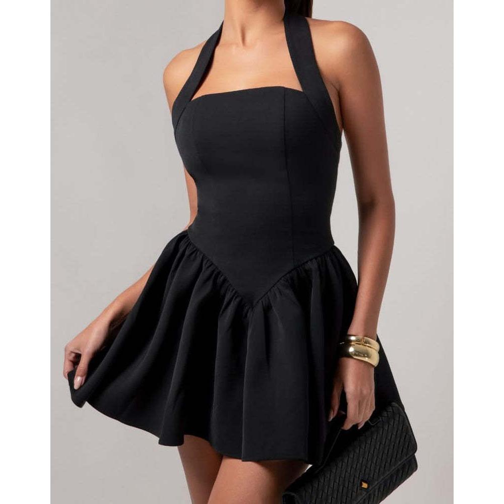 Women's Square Neck Sleeveless Mini Dress Slim Fit Mid Rise Elegant Flared Skirt Halter Party Dress Solid Backless Short Gown