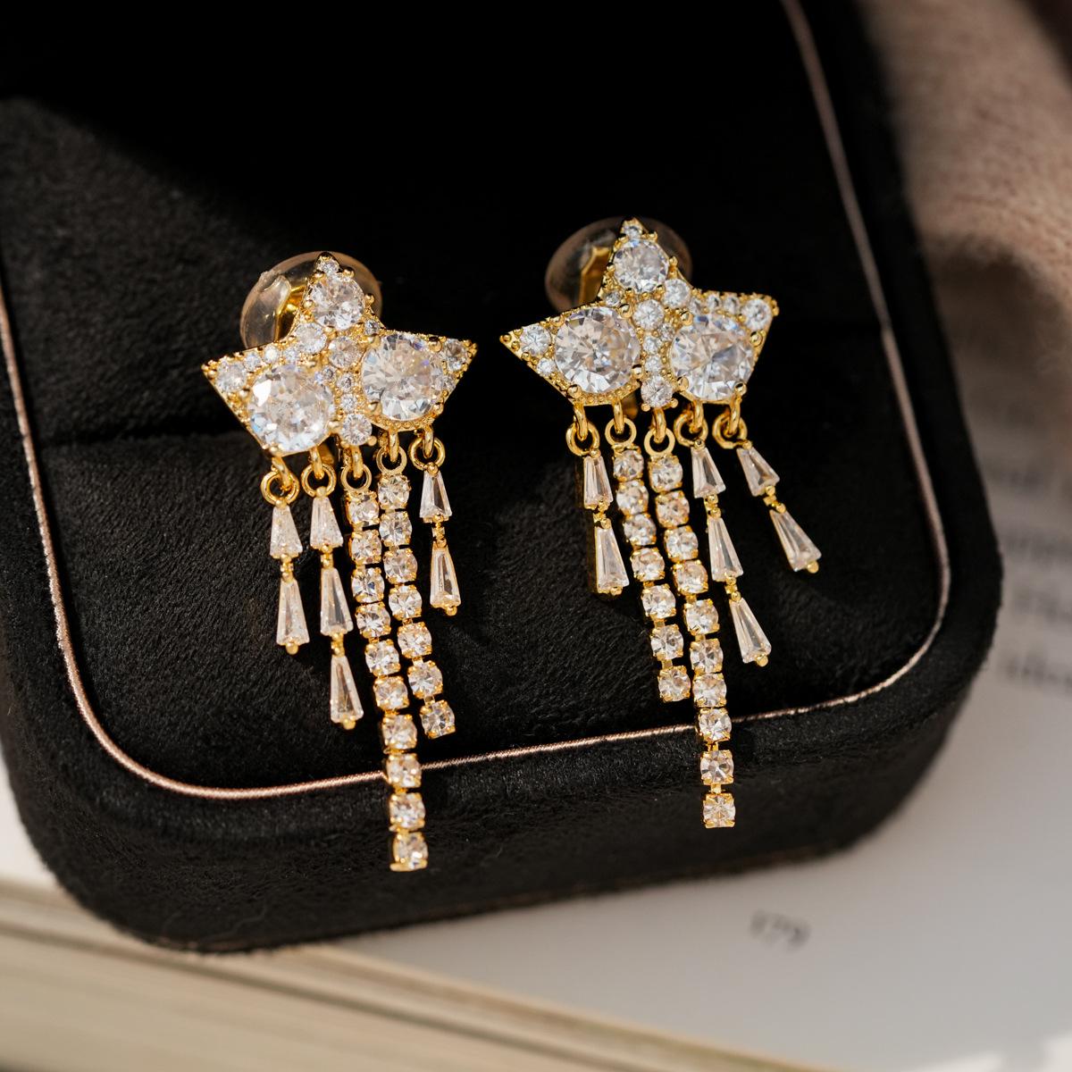 18k Gold Plated Star Tassel Zirconia Ear Clip Earrings: Fashionable and Elegant Design for Women