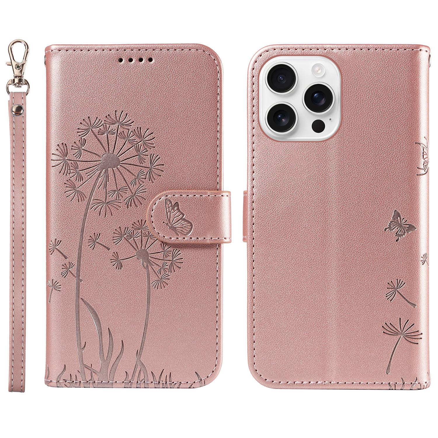 

For iPhone 16 Pro Max Leather Case Wallet Phone Cover Dandelion Imprint Rose Gold