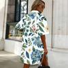 Women Plus Size White Floral Printed Collared Short Sleeve Button Front Curved Hem Shirt Dress