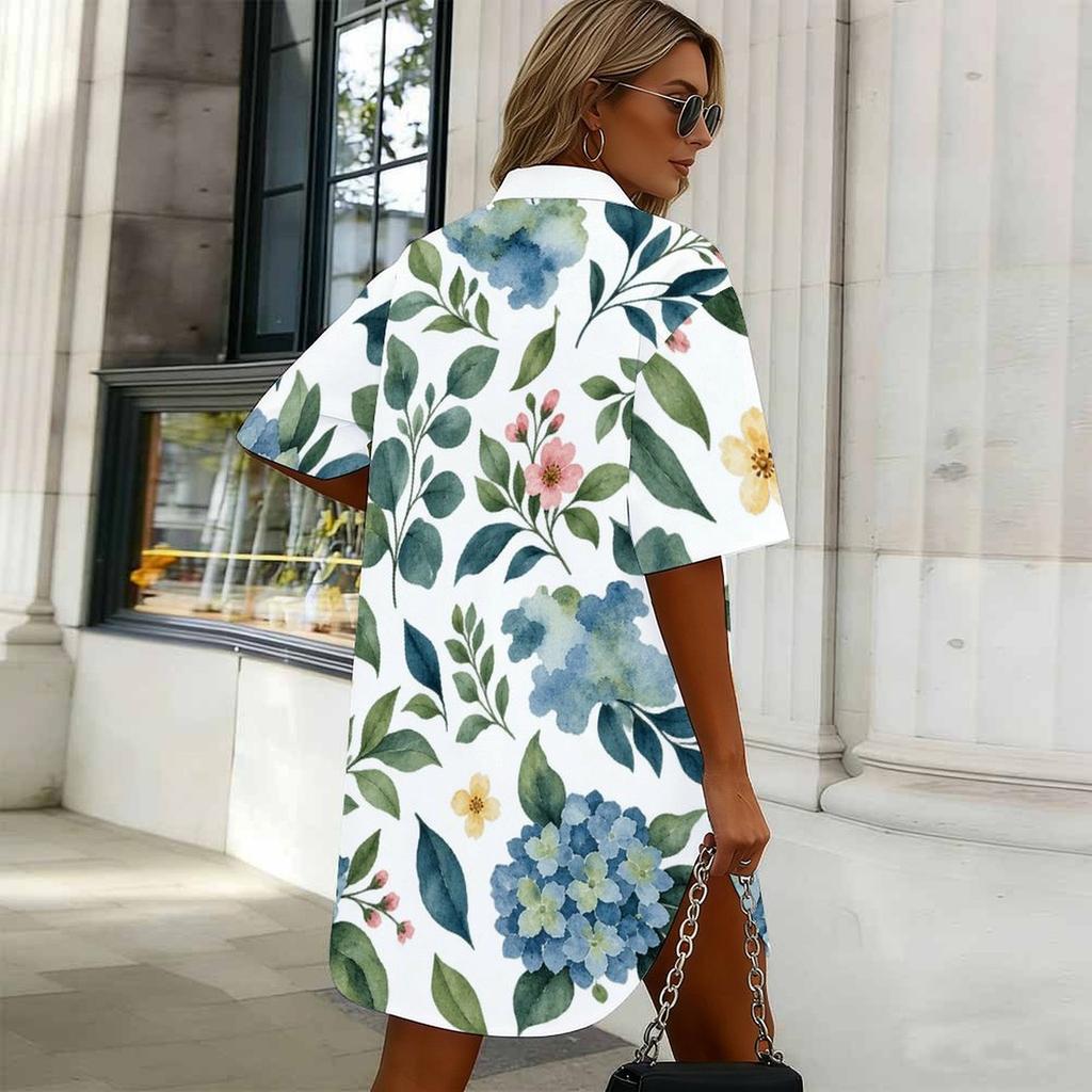 Women Plus Size White Floral Printed Collared Short Sleeve Button Front Curved Hem Shirt Dress