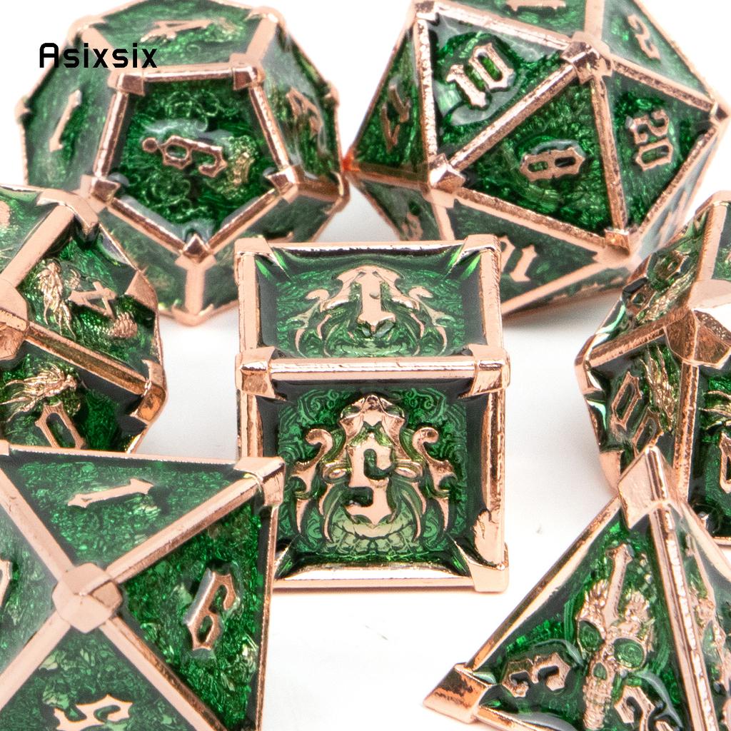7 Pcs Green Golden Skull Metal Dice Solid Metal Polyhedral Dice Set Suitable for Role-Playing RPG Board Game Card Game