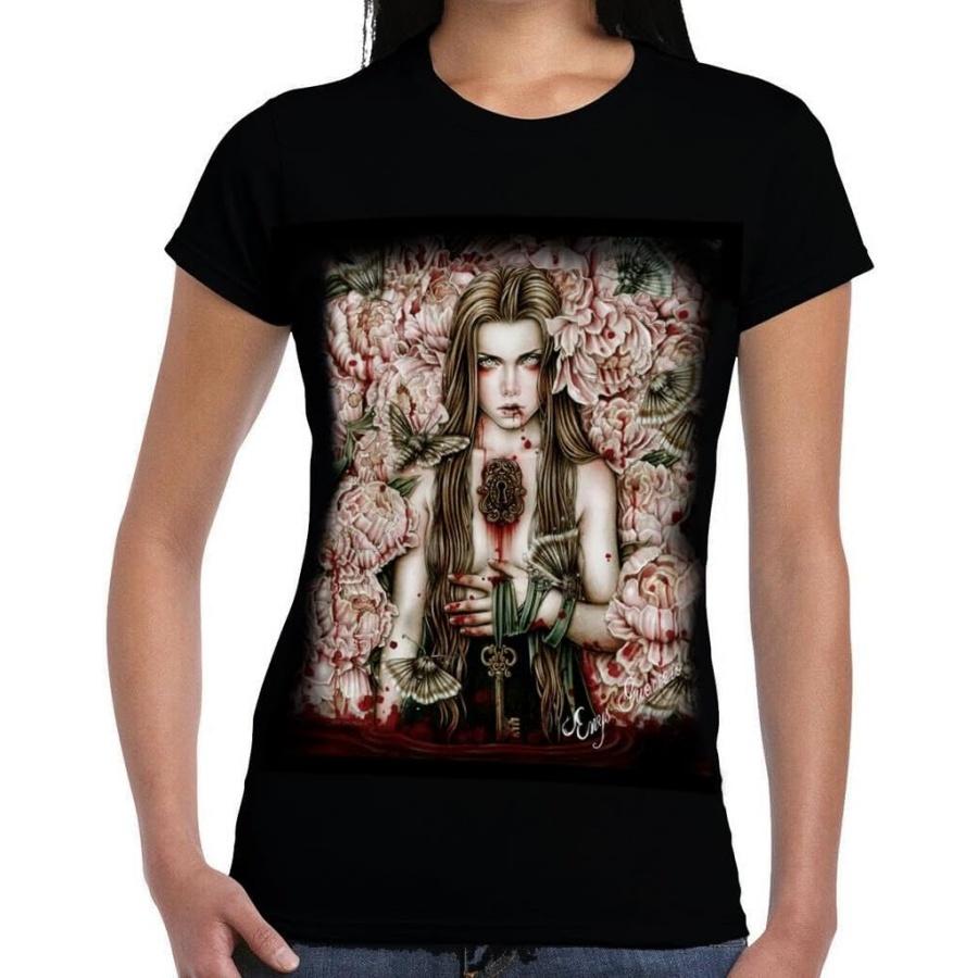 Wild Star Hearts Savage Garden Womens Capsleeve Tshirt, Black Gothic T-Shirt with Occult Dark Fantasy Art by Enys Guerrero