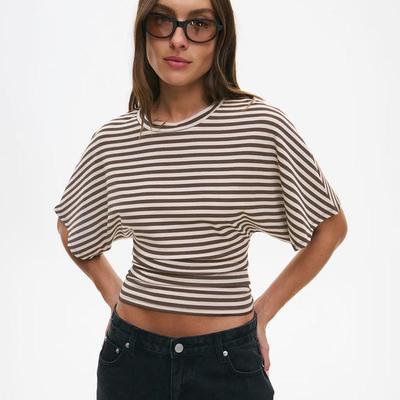 Q25TP400 Women's Slim-Fit Autumn Striped Round Neck Short Sleeve Top