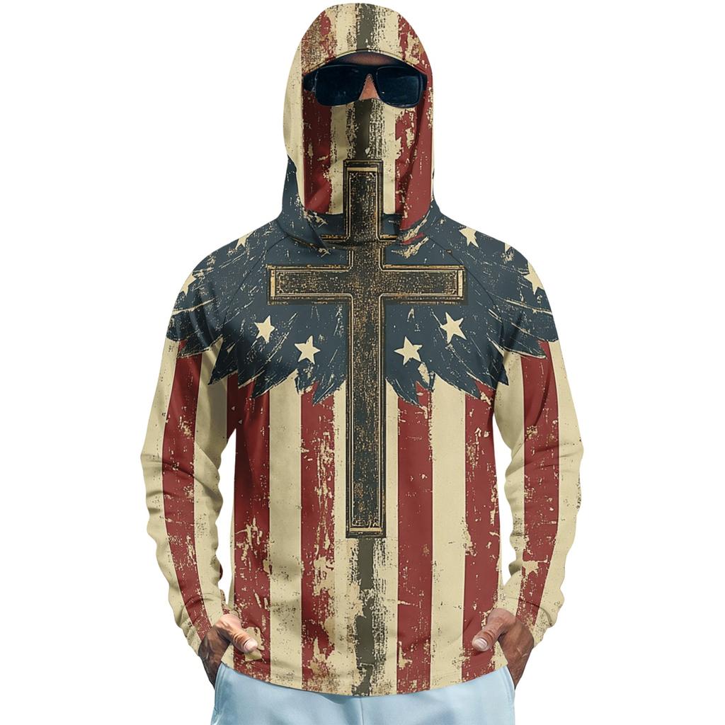 Men’s Long Sleeve Hooded Sun Protection Shirt with Flag and Cross Print Quick Dry Lightweight Athletic Top for Outdoor Sports Fishing Fitness