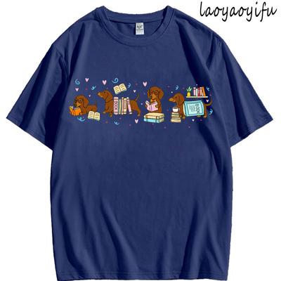 High Quality Cotton Dachshund Book Lover Reading Wiener Dog Bookish Gifts for Dog Moms Women Fashion Breathable Oneck Tee