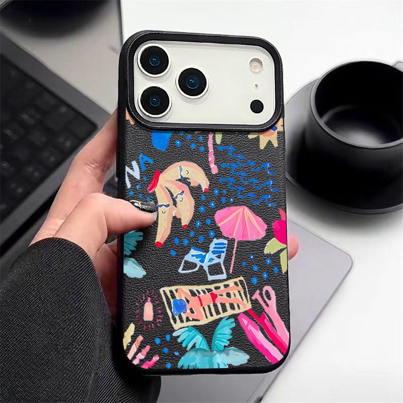For iPhone 17 Pro Max Case Luxury Cartoon Vacation Painting Leather Texture Silicone Cover For iPhone 16 Pro Max 15 14 13 12 11 16E Air