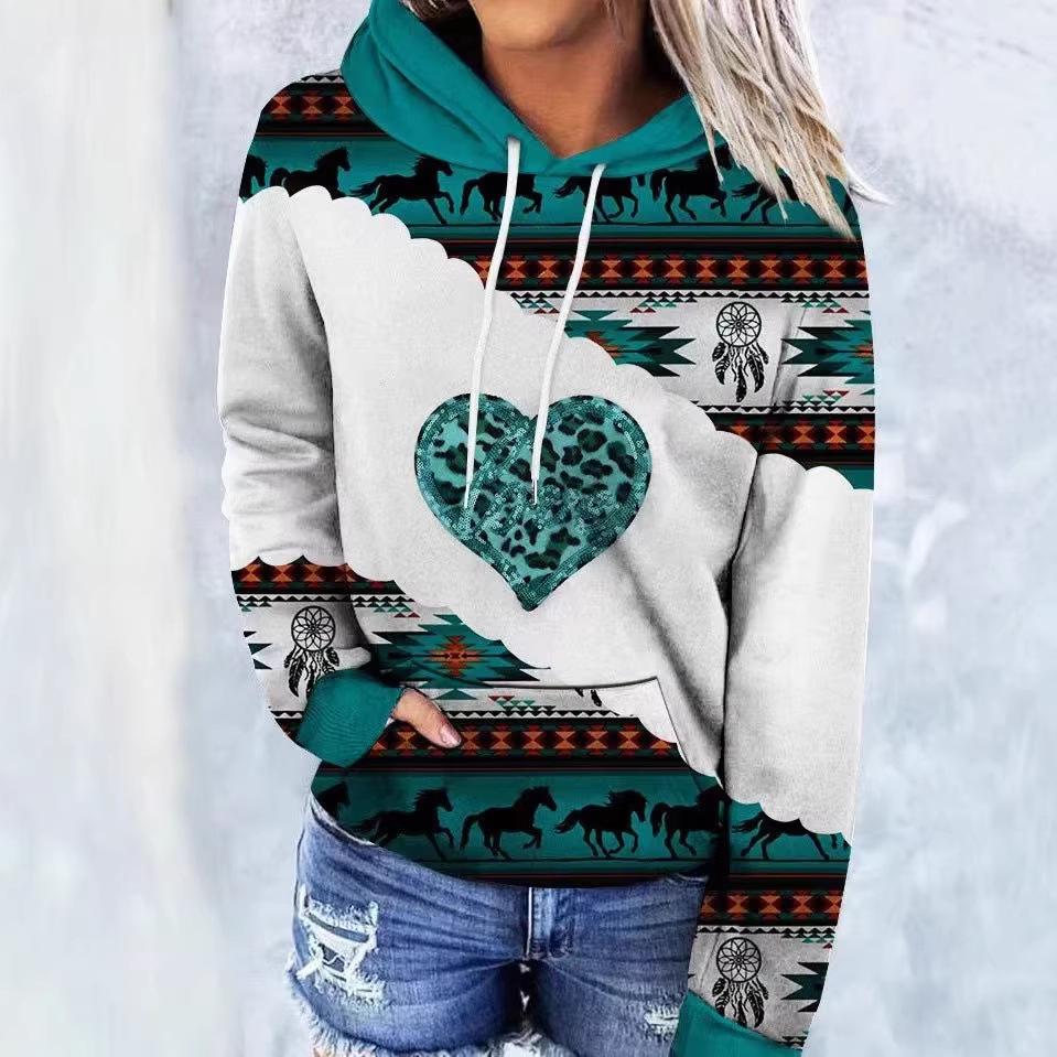 European Plus Size Bohemian Ethnic Print Hooded Sweatshirt for Women 4XL
