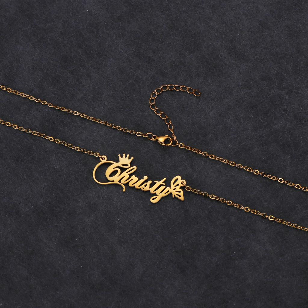 Atoztide Custom Name Necklace Crown Butterfly Stainless Stee Gold Color Nameplate Pendants Box Chain for Women Jewelry Gift