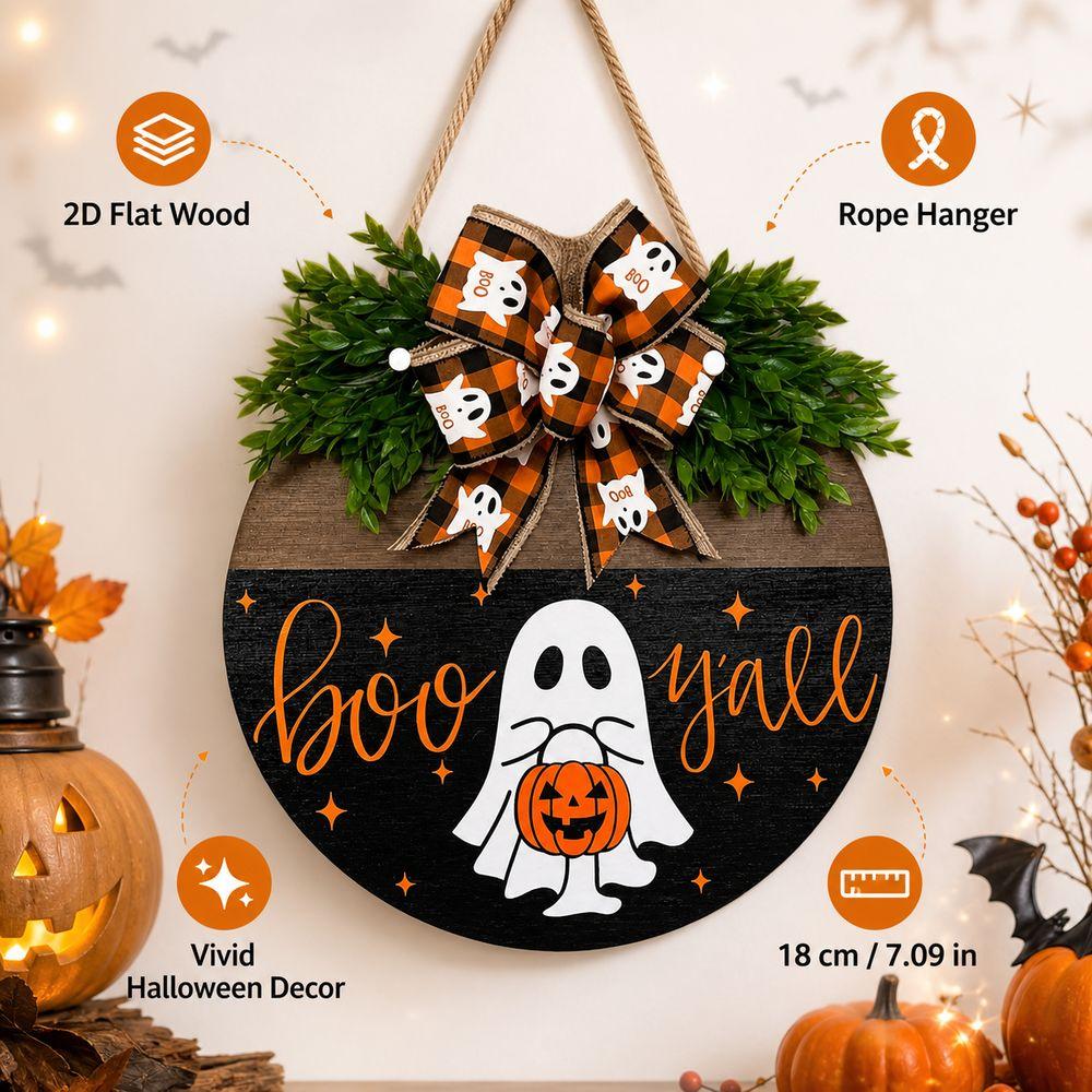 2D Flat Wooden Hanging Door Sign Ghost Round Doorplate Halloween Festival Decoration