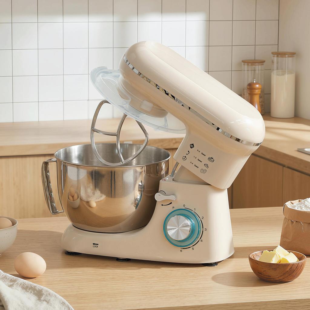 Stand Mixer, 1300 W, 4.5 L, Dough Hook, Stainless Steel Bowl, 6 Speeds and Pulse, Beige