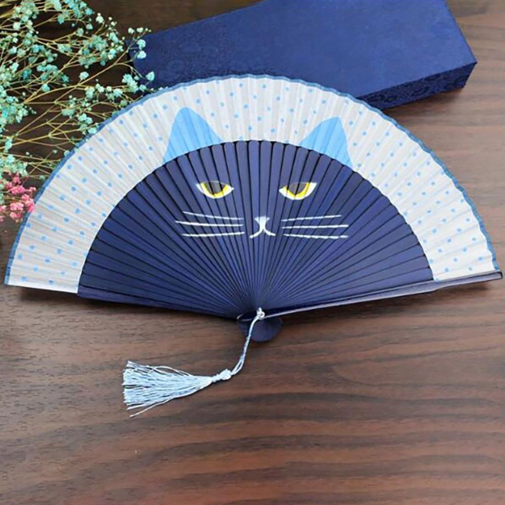 Quality Cat Patterns Handmade Bamboo Wooden Cartoon Silk Fan Home Decoration Fan Crafts Folding Fan