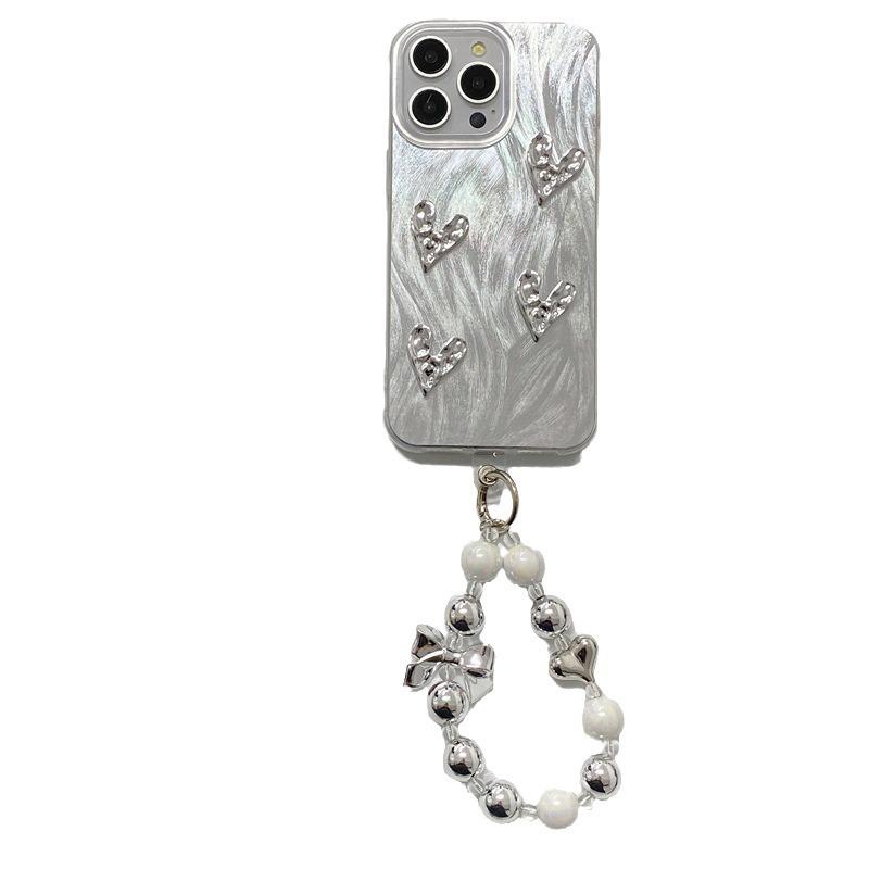 Three-dimensional pleated love is suitable for Samsung A55 mobile phone case, large hole IMD feather yarn S24Ultra premium silver bracelet.