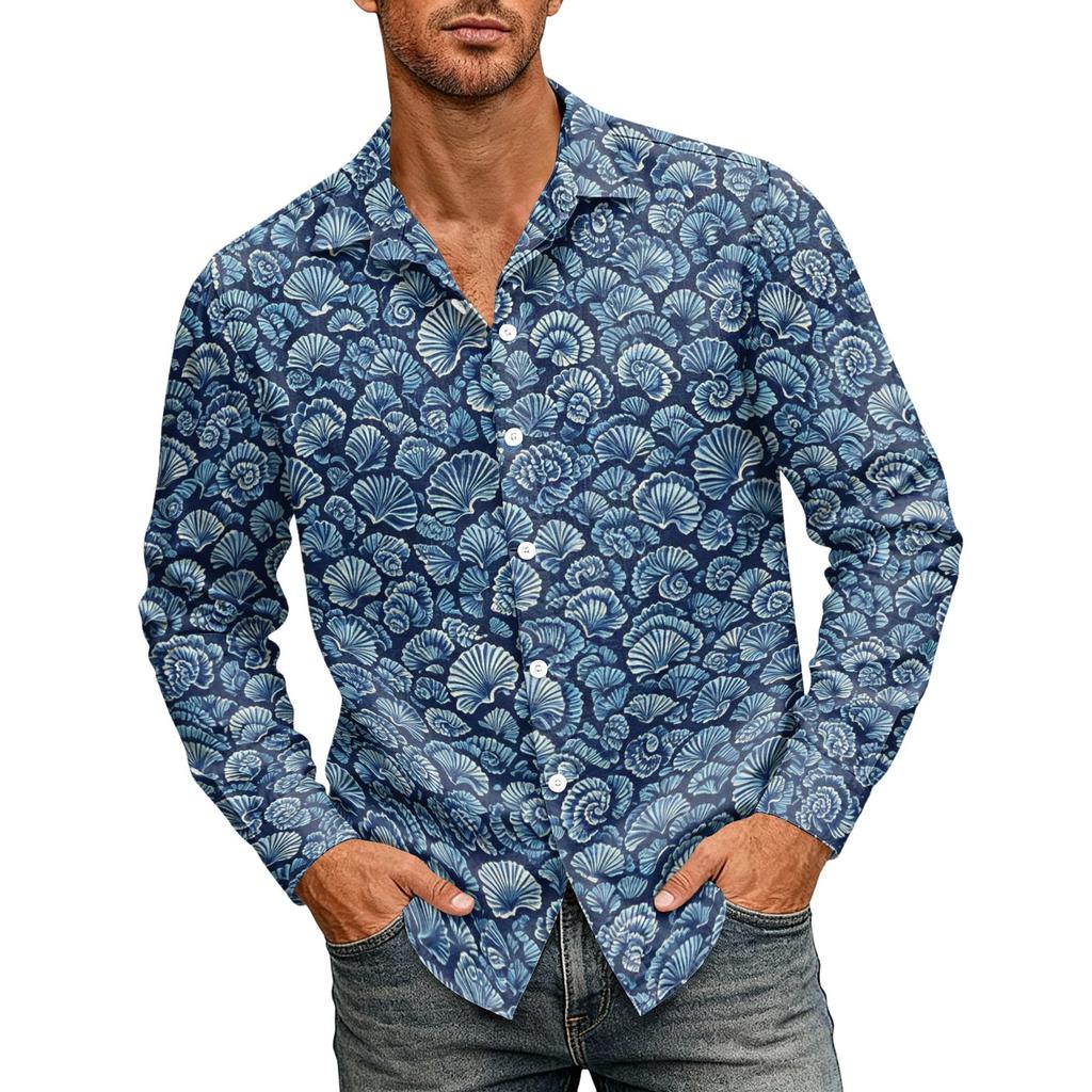 Herren Hawaiihemd Lockerer Schnitt Langarm Knöpfe Retro Lässig