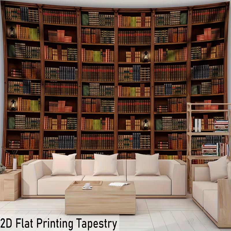 Retro Library Bookshelf Tapestry, Bookcase Print for Room Decor
