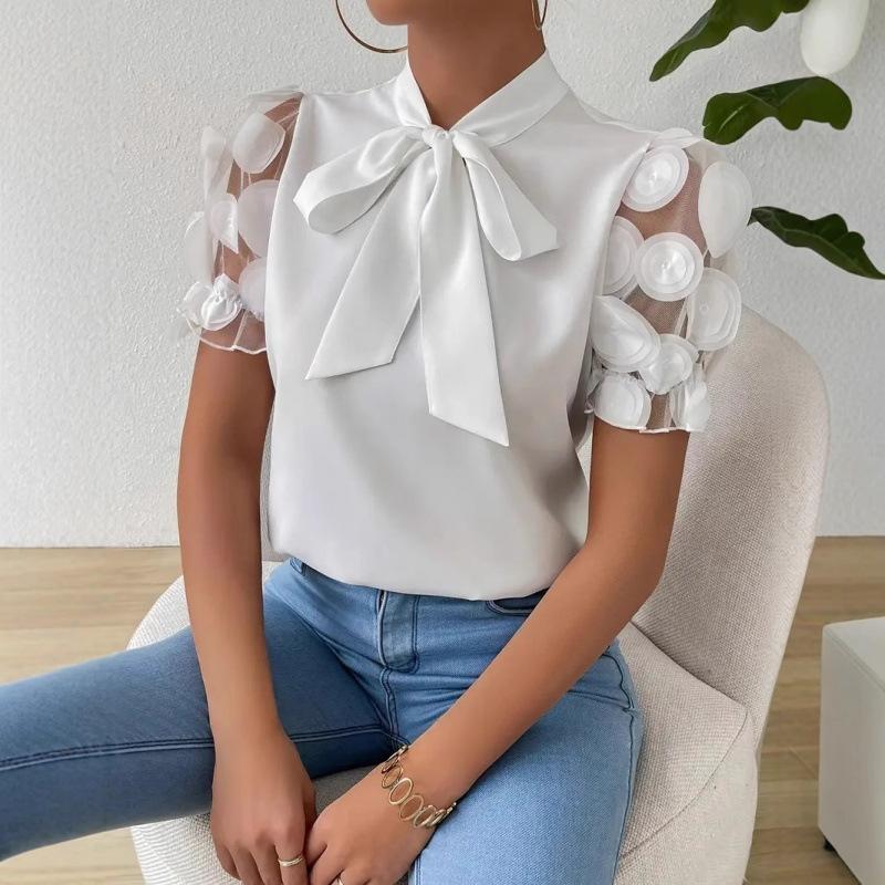 Commuter Solid Color Simple Lace-Up Bow Short Sleeve Shirt Women