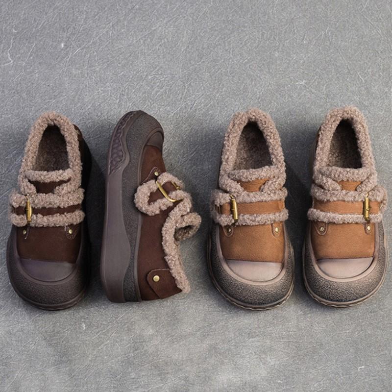 Johnature Plyšové hřejivé retro univerzální mokasíny z pravé kůže Ležérní dámské boty na ploché platformě se silnou podrážkou