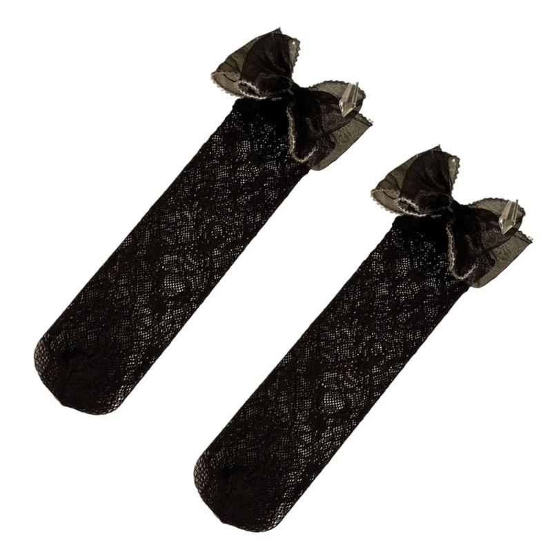 Korean Style Kid Girls Sweet Hollowed Lace Long Socks Elegant Pearl Trim Bowknot Over the Calf Socks for School Uniform 1 чёрный