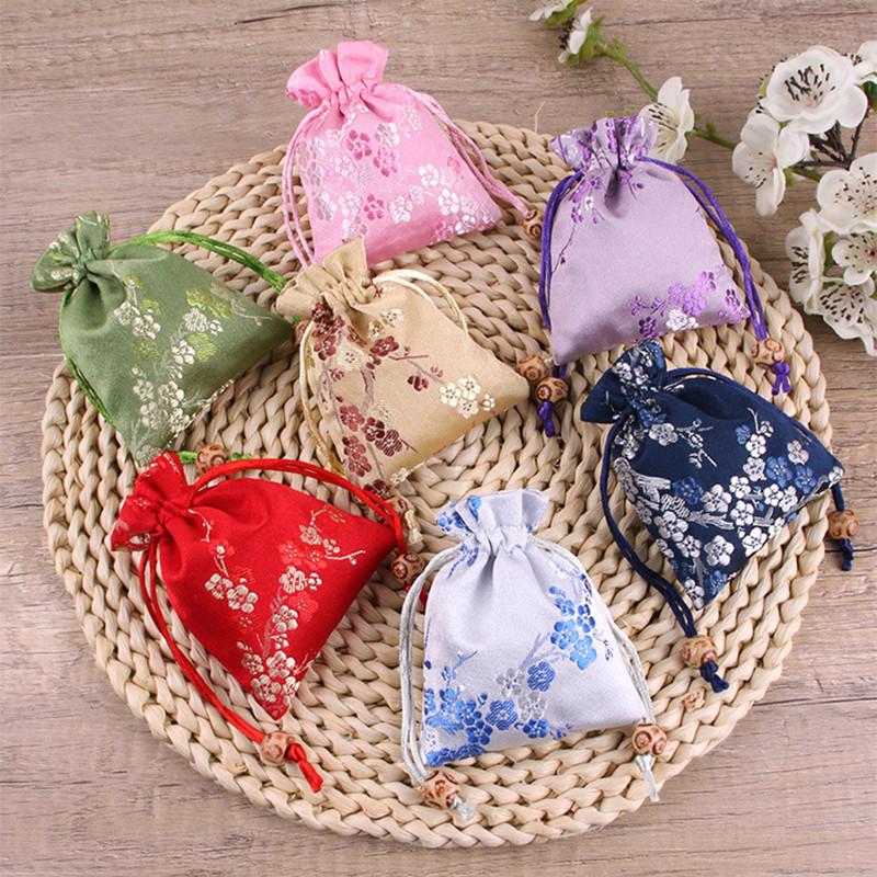 5/10 Pcs Flower Embroidery Wedding Gift Bags  Year Traditional Brocade Drawstring Storage Pouches Fabric Package 8x10/10x14cm