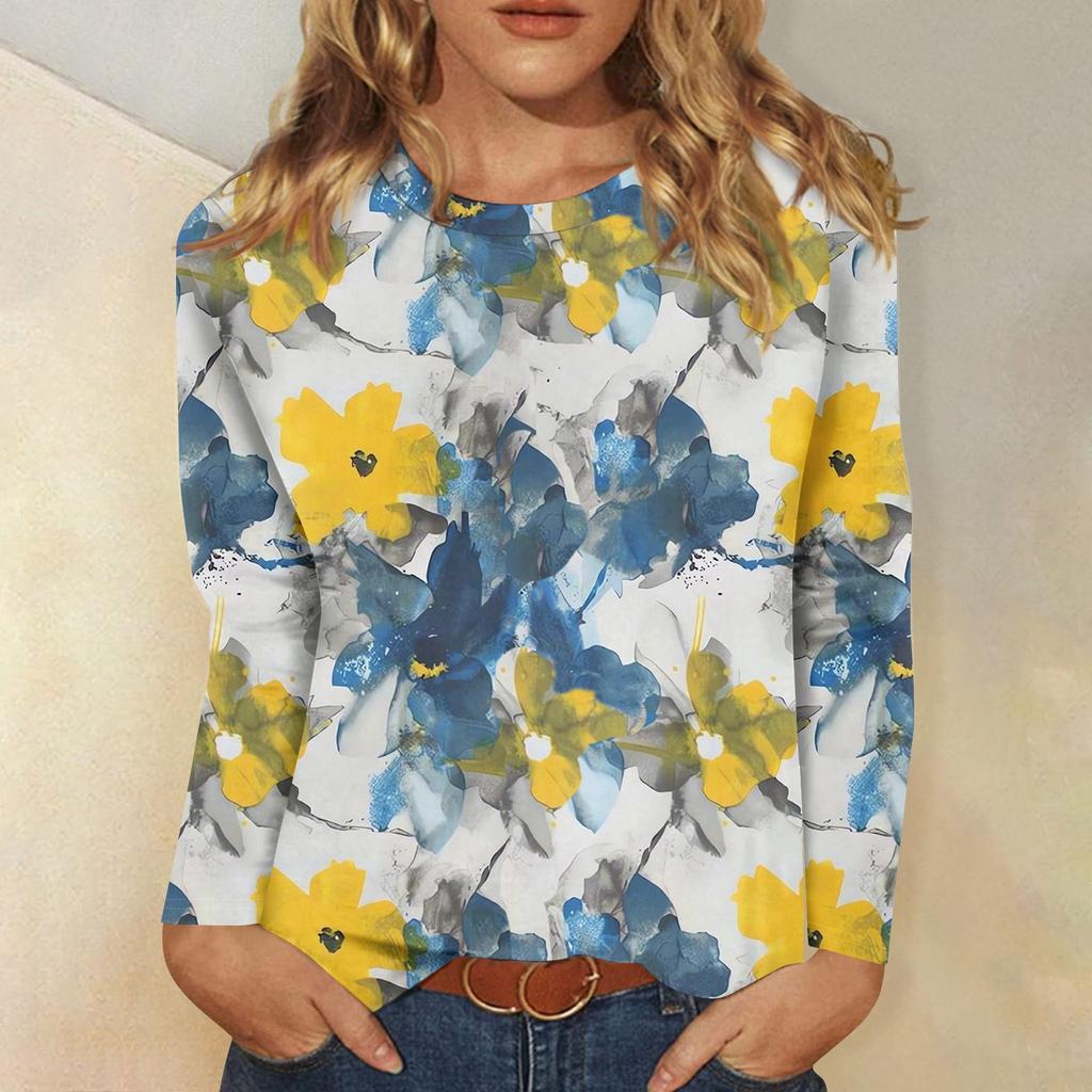Women's Basic Long-sleeved T-shirt, Round Neck, Leaf Print, Plain Top, Everyday Pullover, Party Gift, Versatile T-shirt