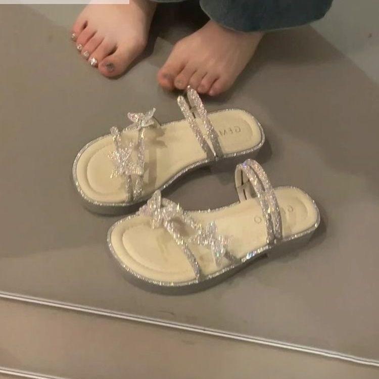 2024 Summer Wear New Beautiful Women Slippers Internet Celebrity Beach Butterfly Rhinestone Two Wear One-word Drag Fairy Wind Sandals