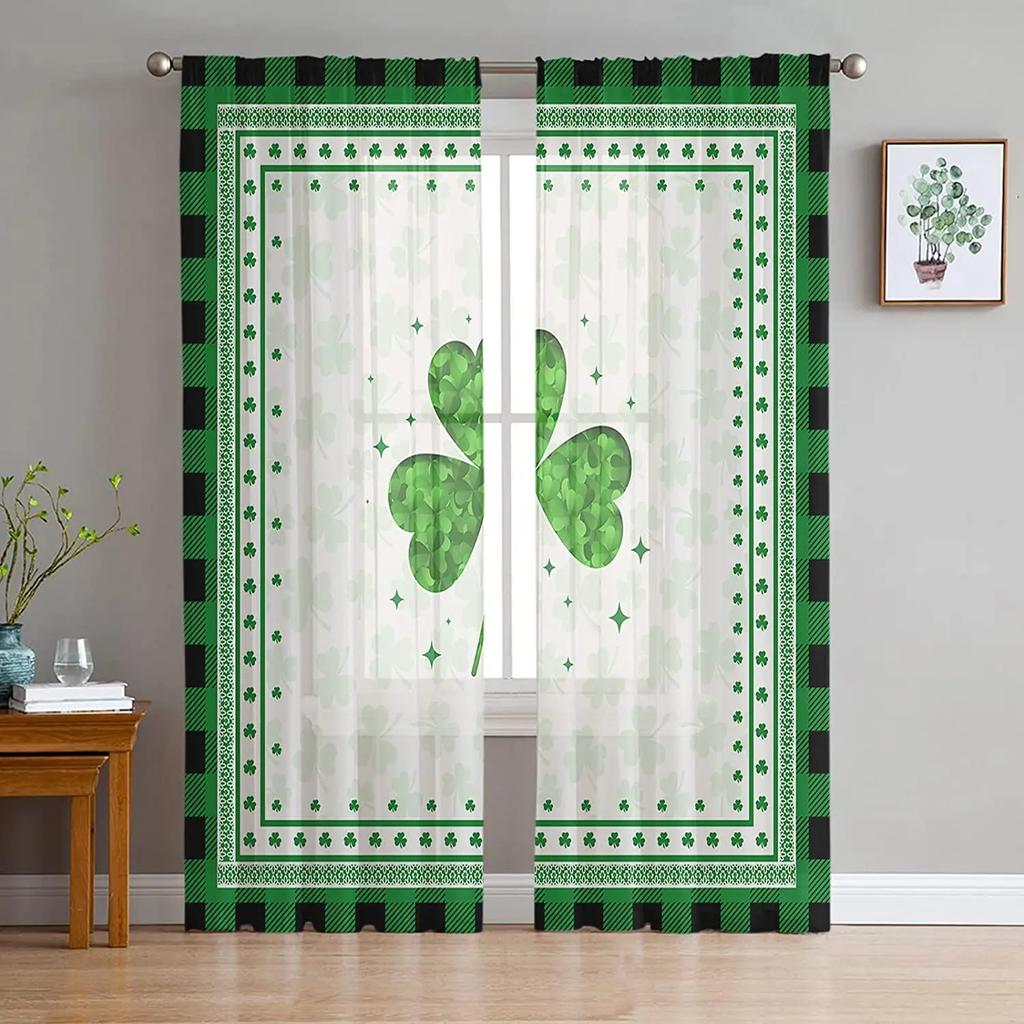 St Patrick Day Clover Lucky Leaves Voile Curtain Living Room Bedroom Kitchen Window Decor Tulle Chiffon Curtains Sheer Polyester Ideal For Area