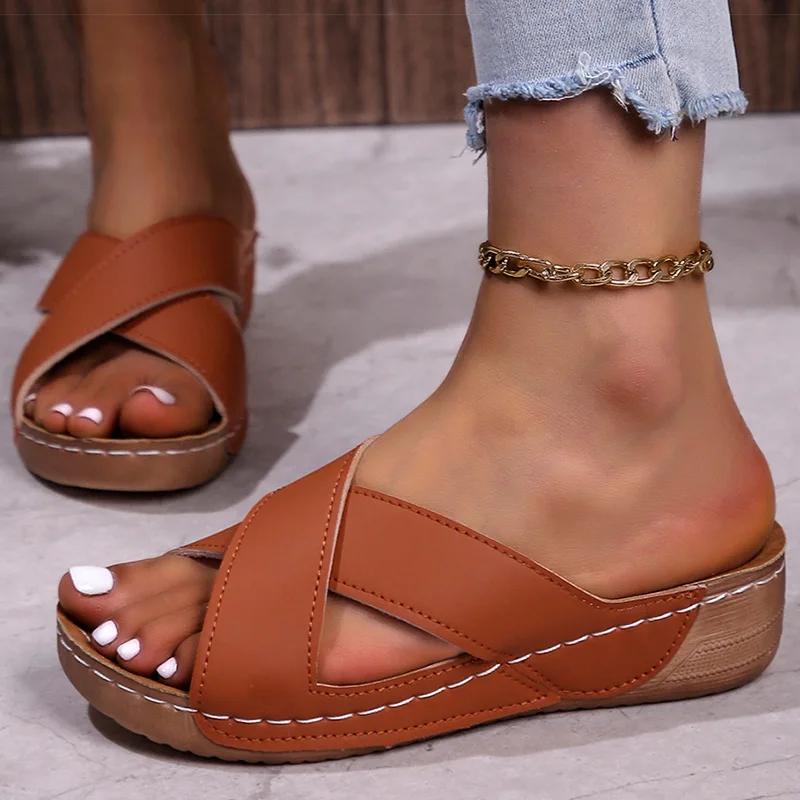 Comfortable Wedge Sandals  Retro Summer Half Slippers with Thick Sole and Crisscross Straps, Open Toe, Mid-Heel, PU Cover