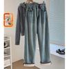 Women's Korean Style Retro Washed High-Waist Fleece-Lined Straight-Leg Jeans