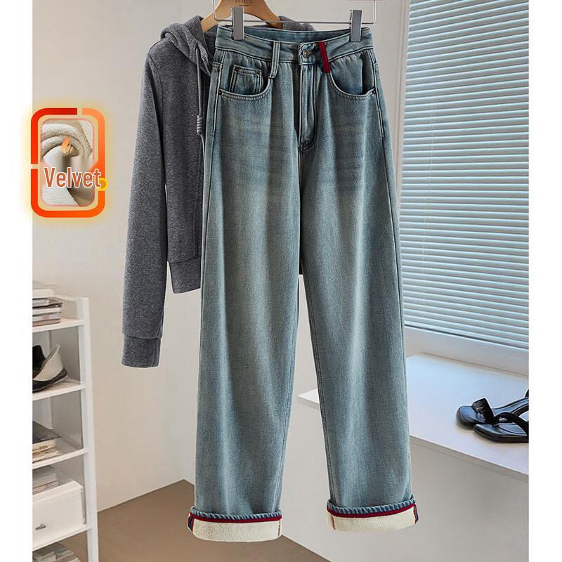 

Women s Korean Style Retro Washed High-Waist Fleece-Lined Straight-Leg Jeans S