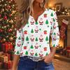 Women's Casual Christmas Print V-Neck Button Three-Quarter Sleeve T-Shirt