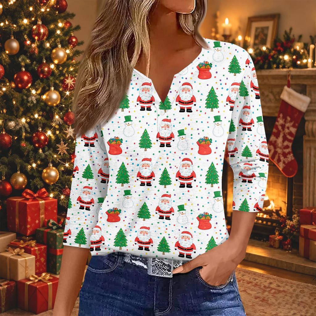 Women's Casual Christmas Print V-Neck Button Three-Quarter Sleeve T-Shirt