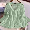 ZANZEA Blusas femininas de outono com decote em V e manga comprida, cor sólida, renda floral