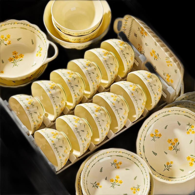 Spring Creamy Yellow 37-Piece Underglaze Ceramic Dinnerware Set