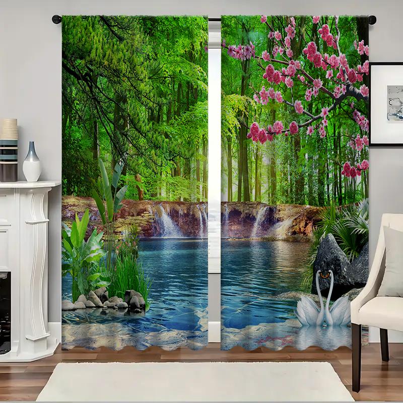 2PC Home Shulin Waterfall Curtains With Landscape Background And Pole Pocket Curtains, Kitchen, Coffee Shop, Living Room, Bacony