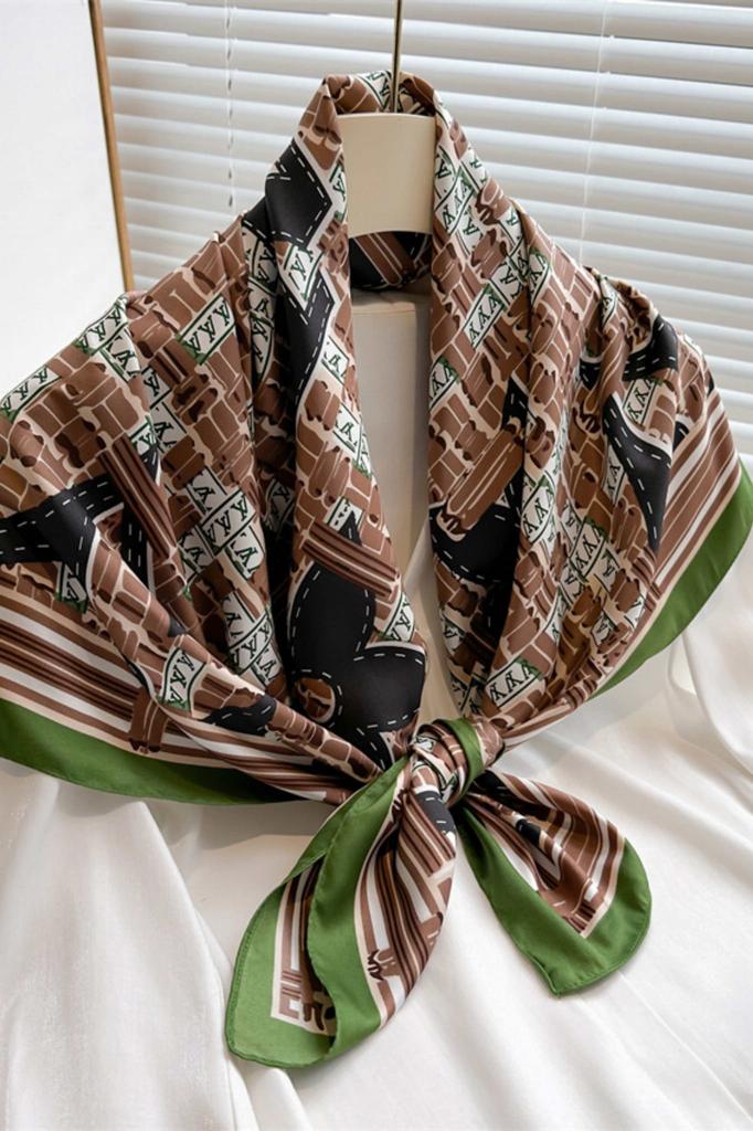 Women' Scarf 90X90 Brown and Green - Geometric Print with Urban Character