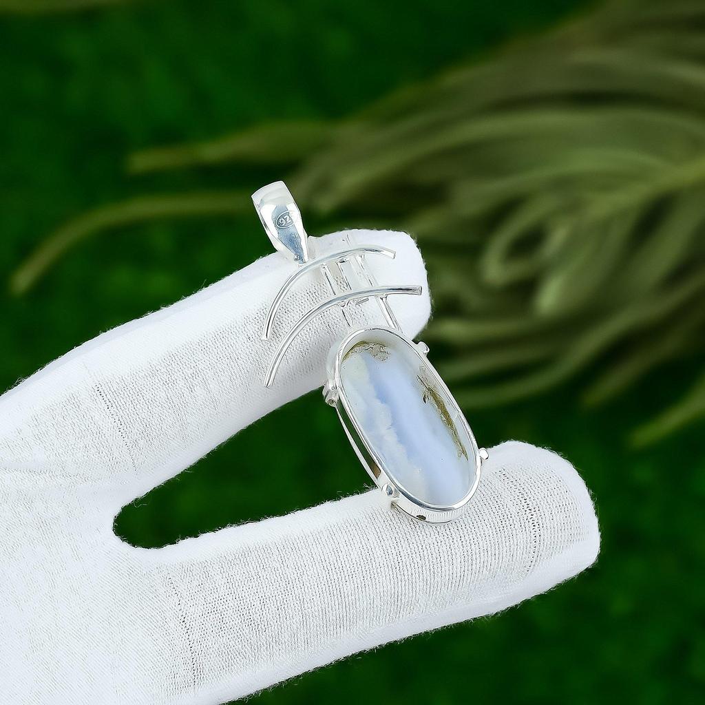 Third Eye Chakra Oval Blue Lace Agate Stone Artisan Boho Pendant Sterling Silver