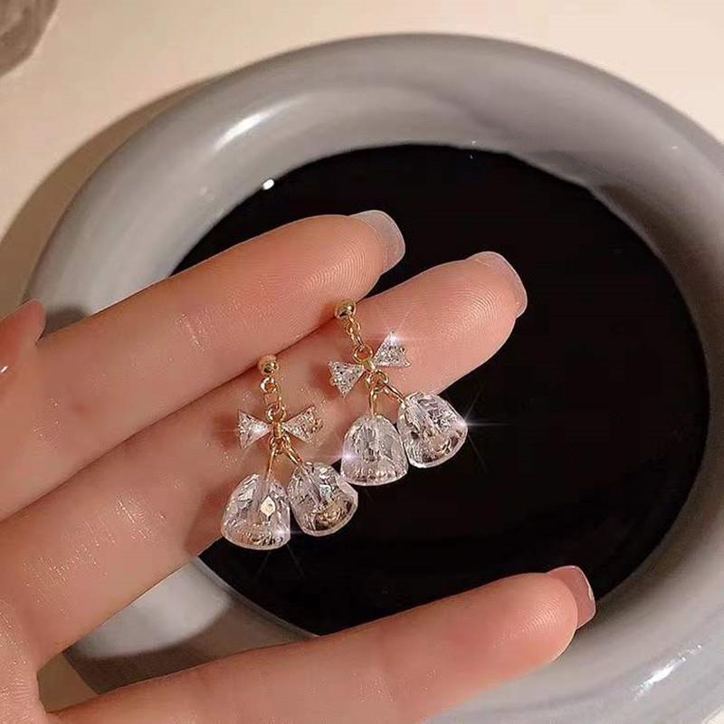 Lily of the Valley Bow Bell Zirconia Stud Earrings with S925 Silver Needle Electroplated