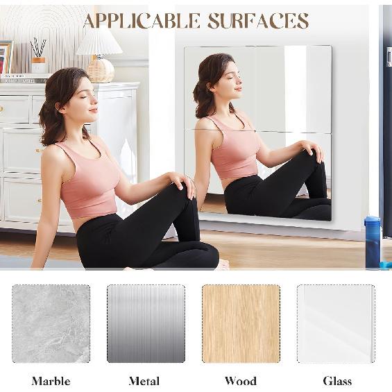 4 Pack Self Adhesive Acrylic Mirror, 8 x 8 Inch Frameless Shatterproof Stick on Mirrors for Wall, Flexible Plastic Wall Mirrors for Home Gym,