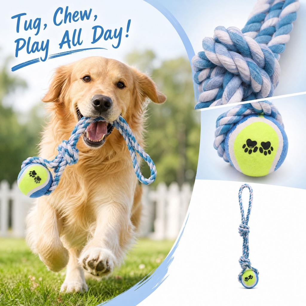 Dog Cotton Rope Toy with Tennis Ball - Double Knot Hanging Toy for Interactive Play and Boredom
