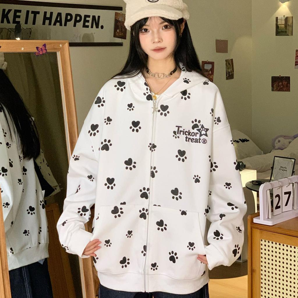 Retro Hundepfotenabdruck Kapuzensweatshirt für Damen im Frühling und Herbst Dünner Mantel Koreanisches Lazy Top