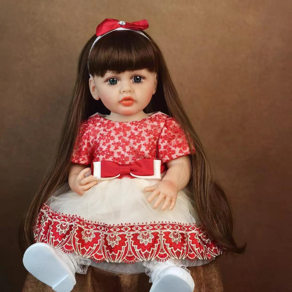 Lifelike Reborn Baby Dolls 22 Inch Realistic Newborn Girl Doll with Brown Long Hair Best Birthday Set for Girls Birthday XAMS Easter Gift
